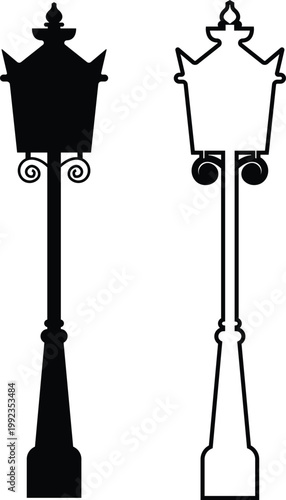 Street lamp lantern light icon set collection group in black flat and line style, vintage streetlight lamppost lighting symbol bundle, urban outdoor illumination graphic pack, classic city light desig
