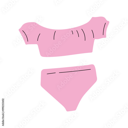 Pink off the shoulder ruffle bikini with high waist bottoms