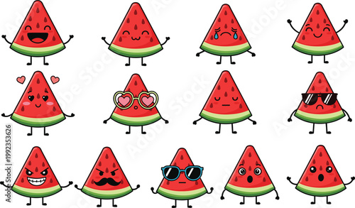 Cute Kawaii Watermelon Slice Character Vector Illustration Set Featuring Funny Emotions Happy Sad Angry Love and Cool Expressions with Sunglasses for Summer Fruit Design