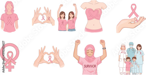 Breast cancer awareness pink ribbon illustration set with survivor, support, heart hands, female symbol, and medical team on white background