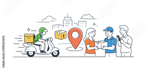 Fast urban delivery and last mile logistics in a modern city environment where couriers transport packages efficiently to customers, represented by a clear visual