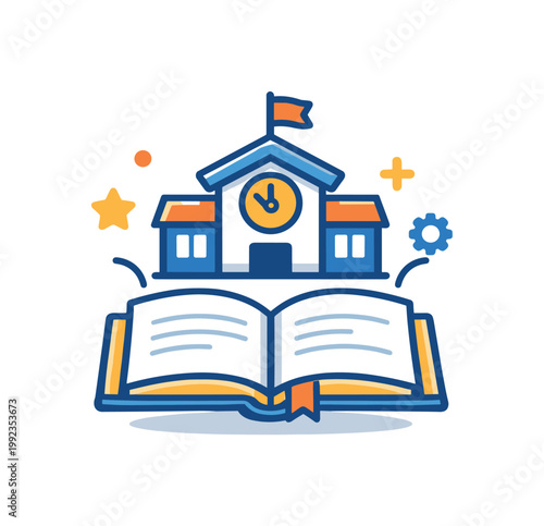 School learning process focused on acquiring knowledge and developing skills in a structured educational environment, an open book connected to a simple school building