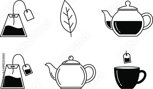 Tea and Herbal Infusion Icons Featuring Tea Bags, Teapot, Cup, and Leaf for Beverage and Relaxation Design