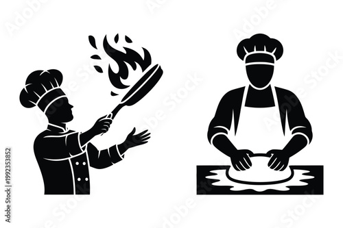 Chefs cooking: frying food and kneading dough with chef s restaurant kneading