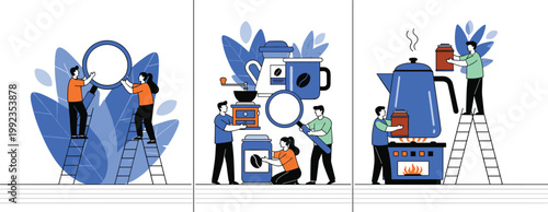 Team Assembling Kitchen Appliances Including Coffee Makers, Teapots, and Appliances for Home and Office Use