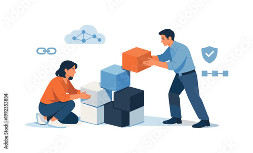 A team collaborating on secure and efficient digital infrastructure solutions, illustrated by two people linking simple geometric blocks together to form a stable