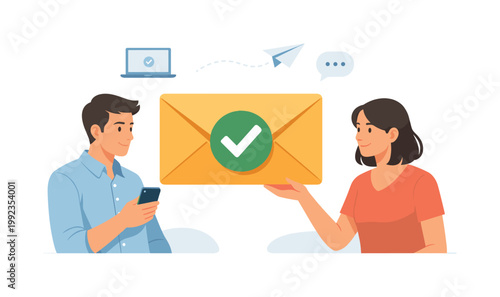 Email confirmation scenario where a user successfully completes an action and receives a digital confirmation message, representing reliability, communication, and