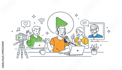 Video blogging content creation scene showing a creator recording and sharing ideas with an online audience in a home studio setup, with a camera on a tripod and a single