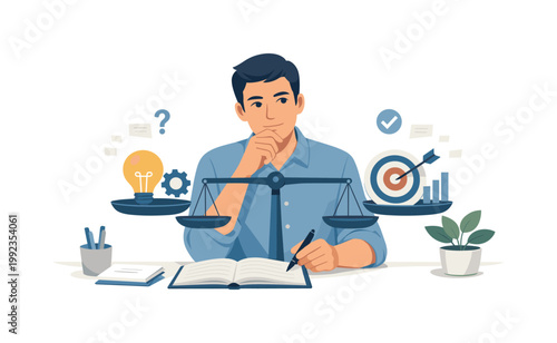 A creative process moment where an individual compares different ideas before making a final decision, illustrating analysis, strategic thinking, and structured ideation