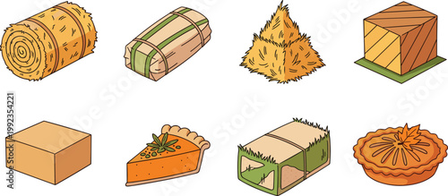Farm Hay Bale Roll Stack and Harvest Vector Illustration Set Featuring Straw Bundle Pile Wooden Box and Pumpkin Pie for Agriculture and Rural Autumn Concept Design