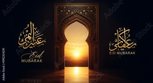 Eid mubarak greeting card with lantern and arabic calligraphy