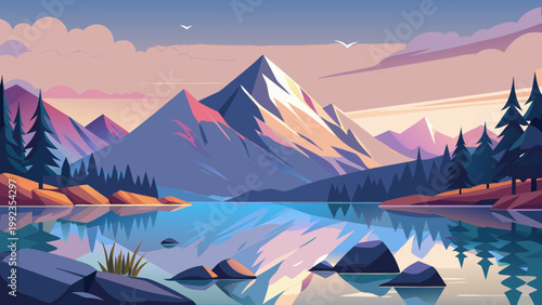 Mountain landscape with lake in pastel colors and soft lighting for travel and nature themes.