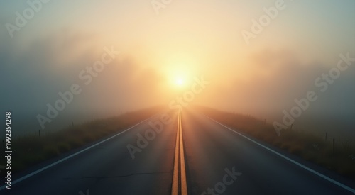 View of a road with a foggy sky and sun