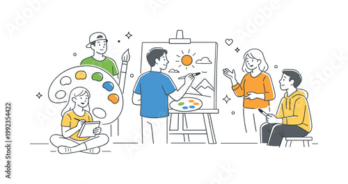 A leisure hobby concept where people relax and enjoy painting as a form of personal expression, visualized by a small group interacting near a simple canvas and color