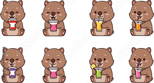 Cute Kawaii Wombat Drinking Colorful Beverages Vector Illustration Set Adorable Brown Bear Animal Character with Various Drinks for Sticker and Emoji Design