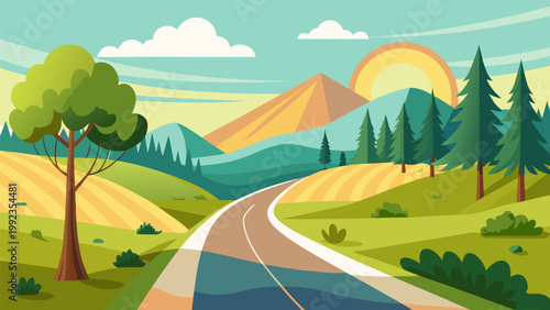 Winding road through rolling hills in bright sunny daylight for travel and adventure.