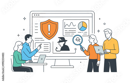 Cyber security threat monitoring concept featuring professionals detecting and preventing digital attacks through advanced systems, using a dashboard screen and a single