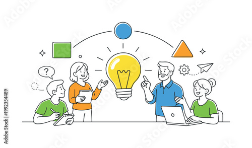 A creative thinking scenario where individuals generate new ideas through brainstorming and exploration of concepts, illustrated through a clean scene featuring a light
