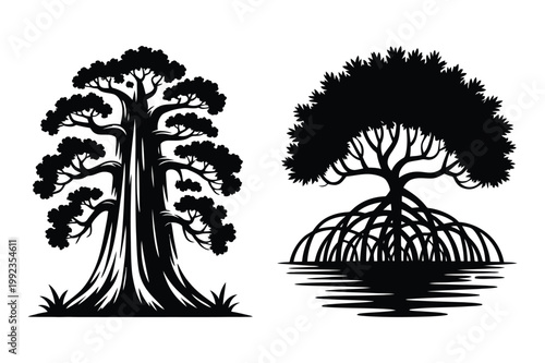 Silhouette of two distinct trees on a white background with silhouette, branches