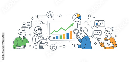 Data collection digital tracking scenario showing professionals capturing user insights and monitoring activity across platforms in a modern workflow, using a chart and