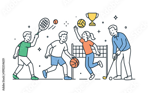 A recreational and hobby activity scene where people engage in different sports using accessible equipment in a casual environment, depicted through a simple scene with a
