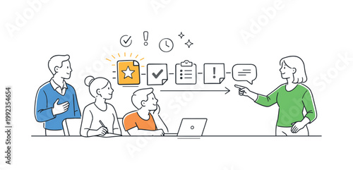 A clear queue prioritization scenario where a team orders incoming tasks based on importance and urgency during a planning session, centered around a visual metaphor of a
