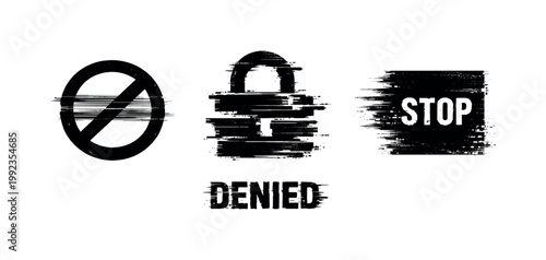 Access denial and restriction theme, a set of 3 glitch-distorted monochrome objects placed on a perfectly clean white background, each object exhibiting its own localized