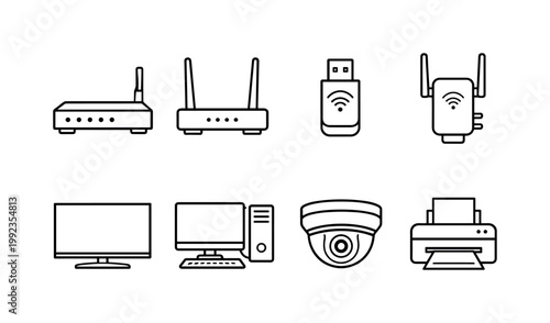 Wireless network devices: modem, router with antennas, usb wifi adapter, repeater extender, smart tv, desktop computer, security camera, printer.