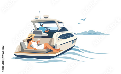 Luxury marine trip scene where a person experiences travel and relaxation on a private boat, emphasizing lifestyle, recreation, and calm exploration, visual metaphor of a