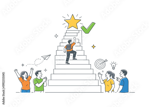 Personal achievement and self-improvement journey reaching an important life goal, visualized through a staircase leading to a star and a simple checkmark as the main