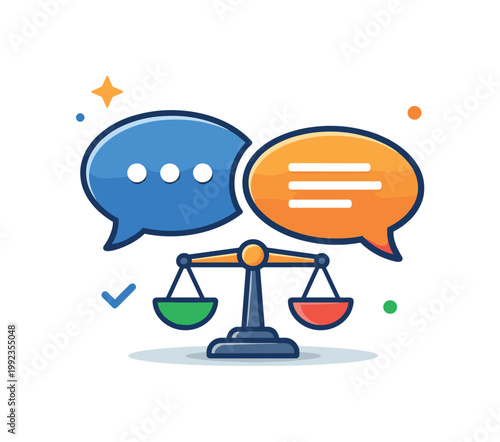 Remote deal discussion concept emphasizing communication and compromise between parties across online channels, a speech bubble paired with a small balance scale