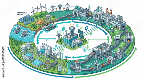 circular economy concept with industrial and environmental processes.