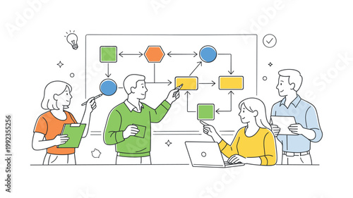 A task dependency mapping and workflow coordination scene showing a small team organizing relationships around a large network diagram and connecting arrows, using a