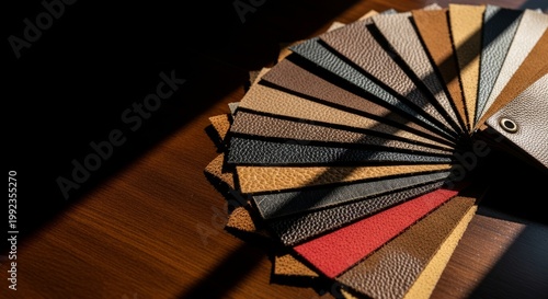 Leather Swatches Fan on Dark Wood with Dramatic Light