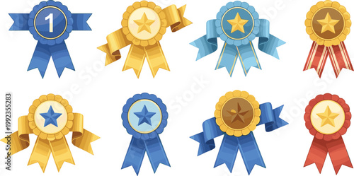Award ribbon badge and rosette medal cartoon set with gold, blue, bronze, star, and number one rank on white background