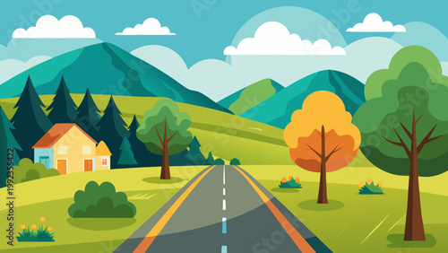 Road landscape with mountains and trees in bright daylight for travel and nature themes.