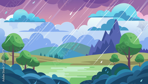 Rainy landscape with stylized trees and mountains in vibrant colors with flat illustration for nature backgrounds.