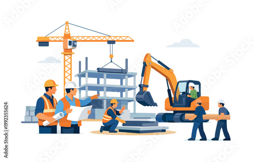Construction site activity scenario where workers coordinate tasks and operate equipment to build infrastructure in a structured environment, symbolized by a crane paired