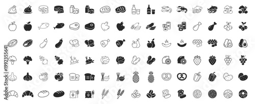 Grocery food and product categories line icon set, fruits meat pasta beverages snacks, editable stroke thin outline vector icons on transparent background