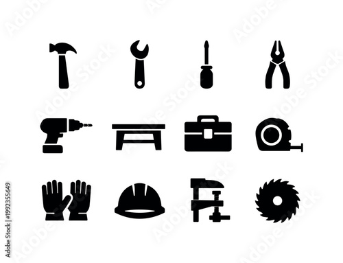 Workshop tools and workspace: hammer, wrench, screwdriver, pliers, drill machine, workbench table, toolbox, measuring tape, safety gloves, hard hat, clamp tool, saw blade