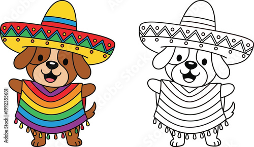 Adorable Cartoon Puppy in Sombrero and Rainbow Poncho Happy Dog for Mexican Fiesta