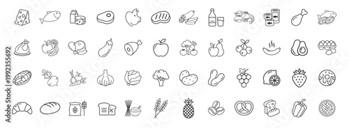 Fotografía Grocery food and product categories line icon set, fruits meat pasta beverages s