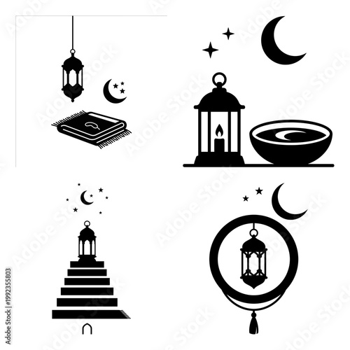 Lantern and quran silhouette icon bundle