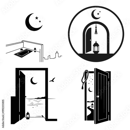 Islamic doorway and prayer room silhouette icon bundle