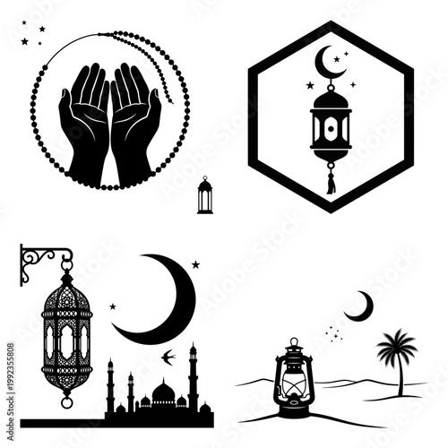 Prayer hands lantern and mosque silhouette icon bundle