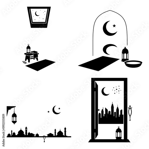Islamic room and mosque silhouette icon bundle