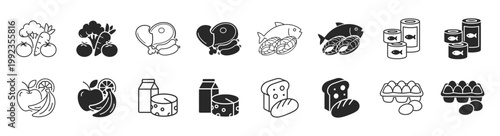 Grocery food and product categories line icon set, fruits meat pasta beverages snacks, editable stroke thin outline vector icons on transparent background