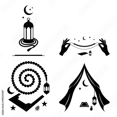 Ramadan lantern tent and tasbih silhouette icon bundle