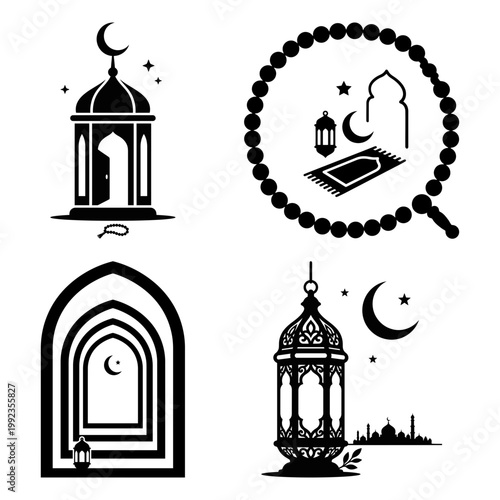 Mihrab arch and lantern silhouette icon bundle