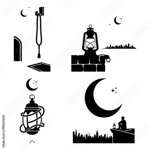 Tasbih lantern and moon city silhouette icon bundle